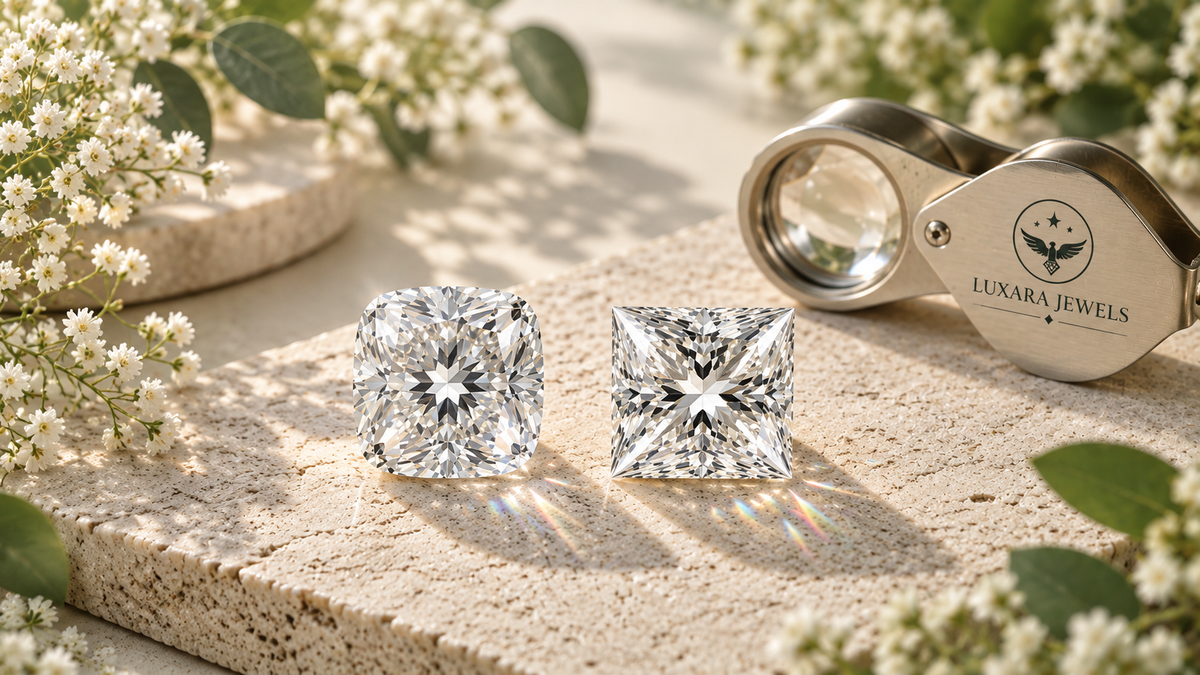 Cushion and princess-cut diamond reflecting the lights.