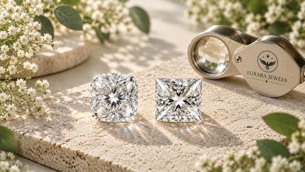 Cushion and princess-cut diamond reflecting the lights.