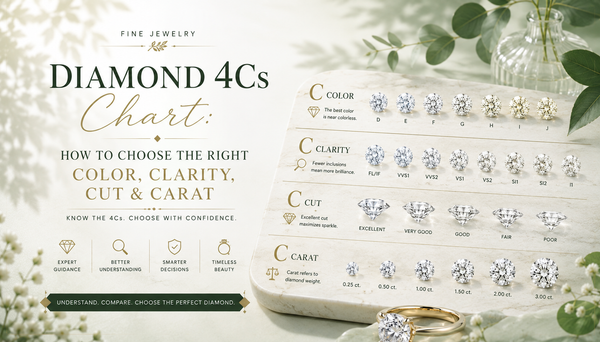Diamond 4Cs chart including color, clarity, cut, and carat weight.