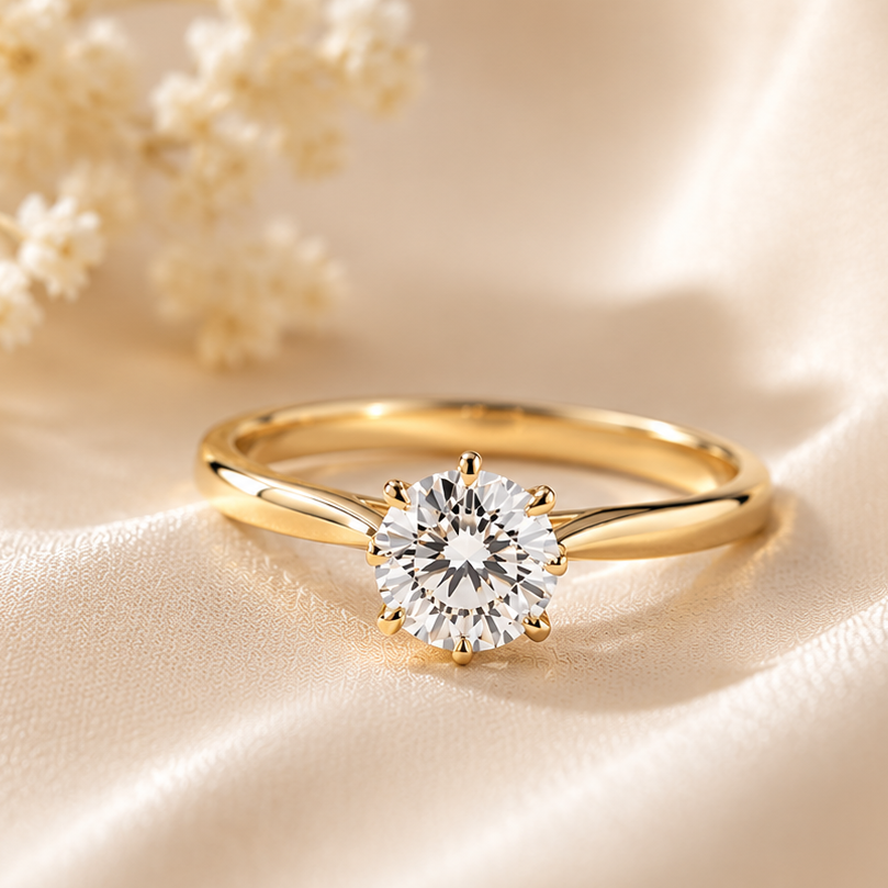 Two diamond rings, one gold and one silver, on a soft beige fabric background.
