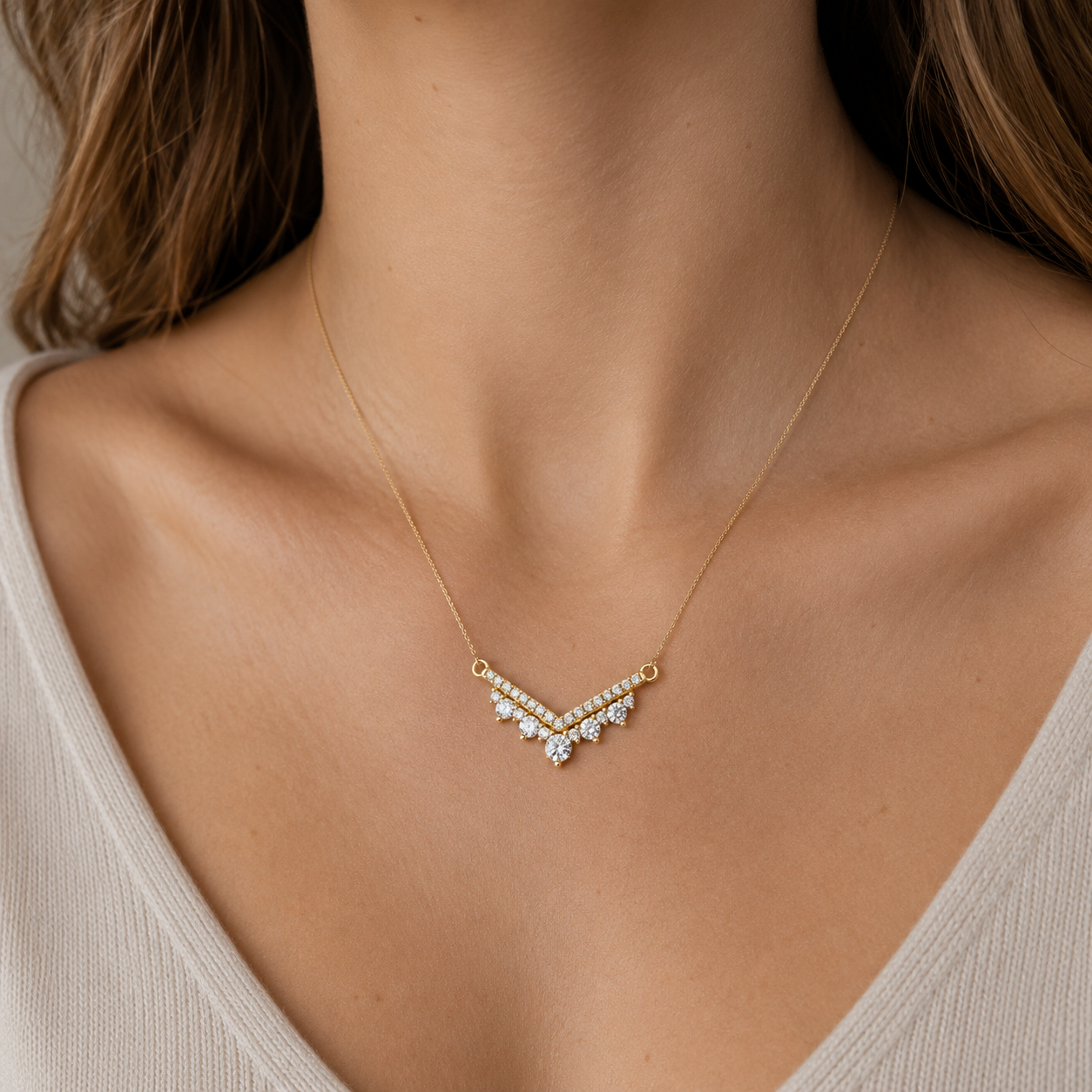 Round Lab Grown Diamond Chevron Bar Necklace