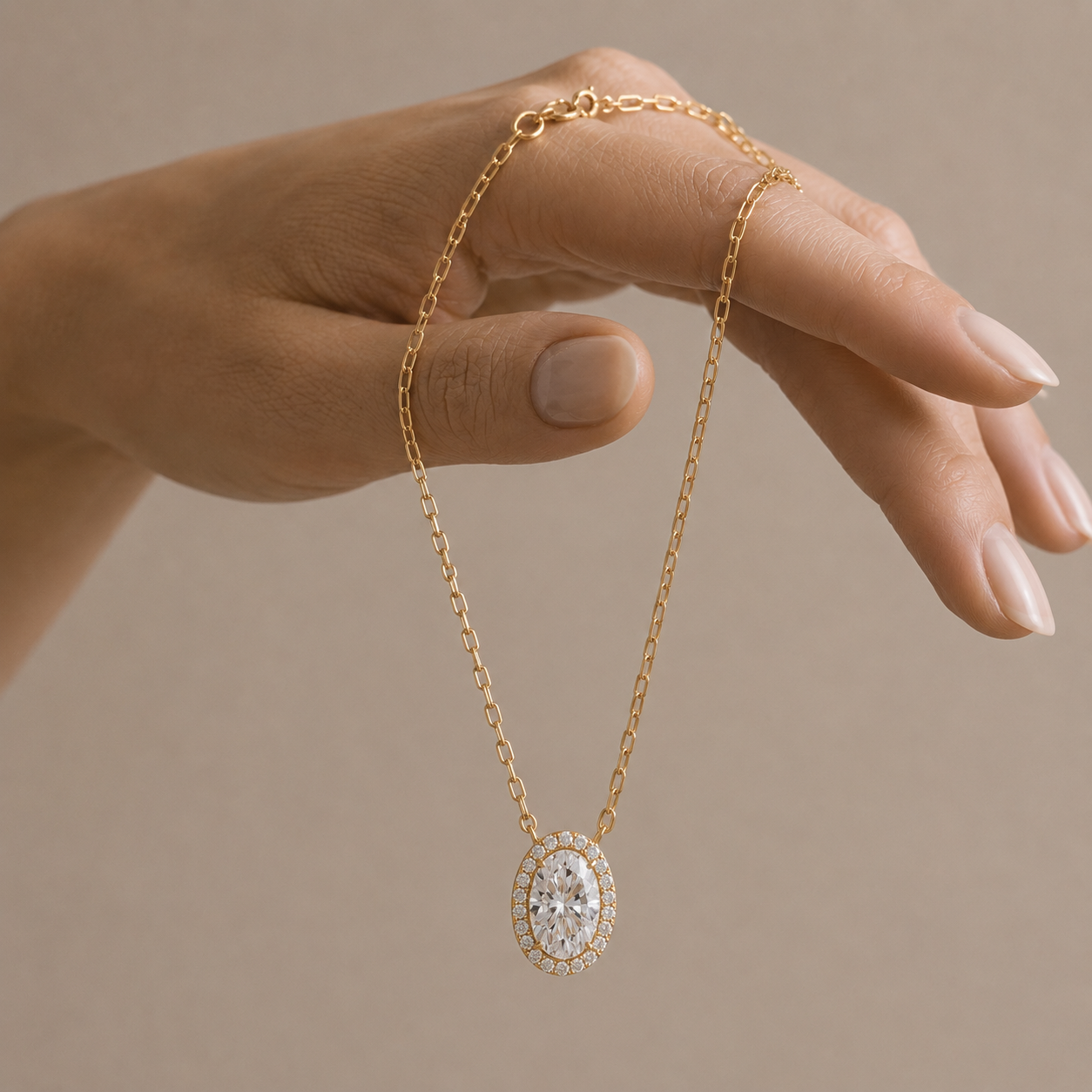 Oval Cut Lab Grown Diamond Halo Pendant Necklace