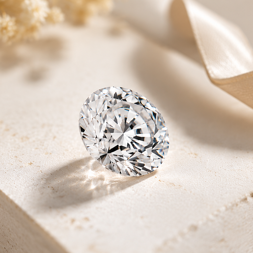Two diamond rings, one gold and one silver, on a soft beige fabric background.