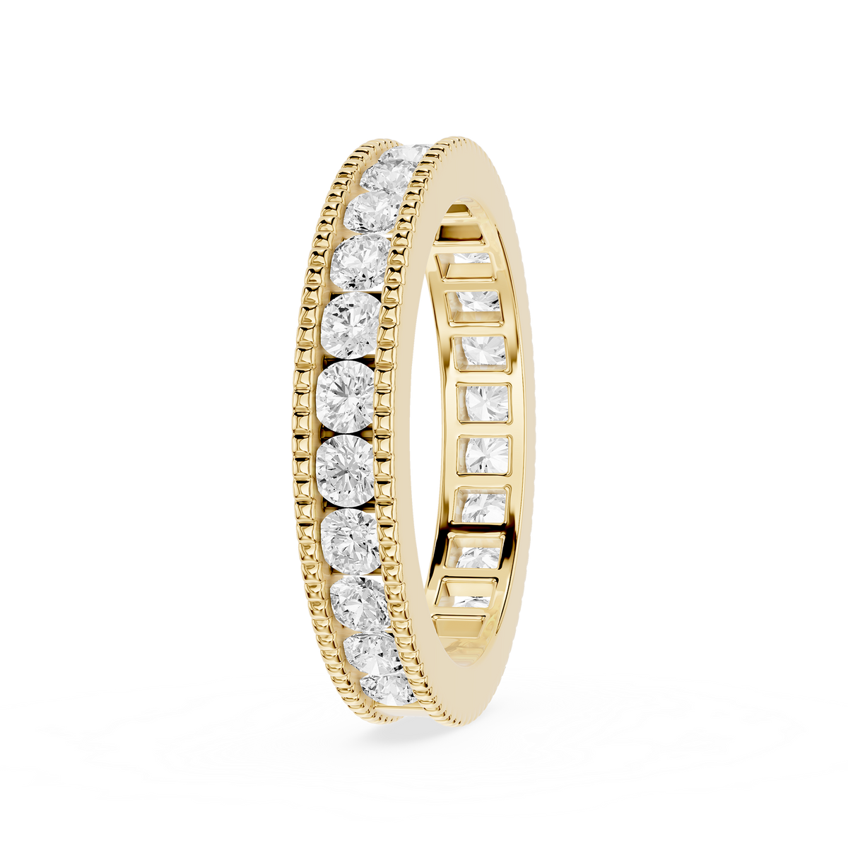 Channel set diamond band with round lab grown diamonds and polished gold edges