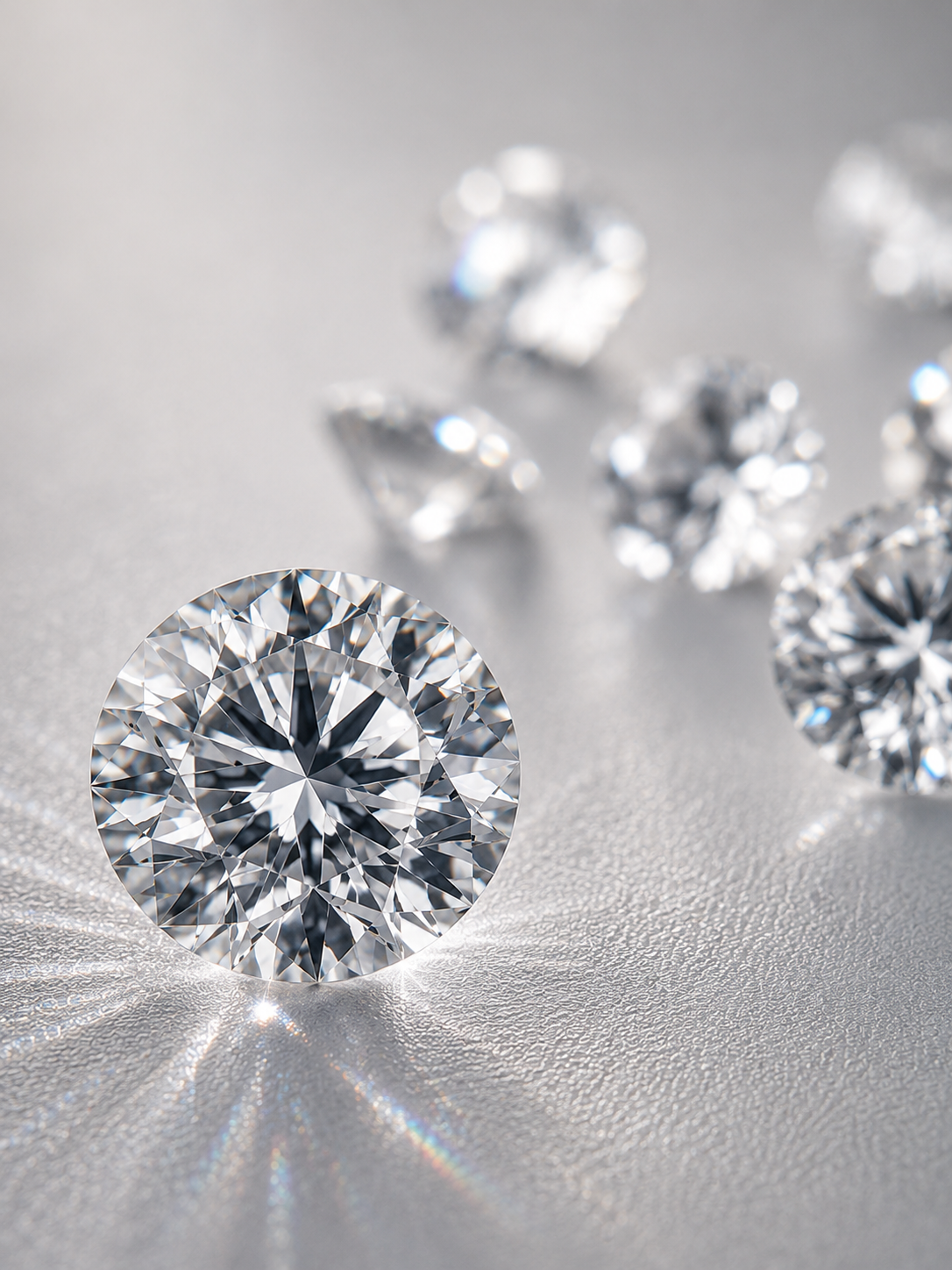 Close-up of round diamonds on a reflective surface