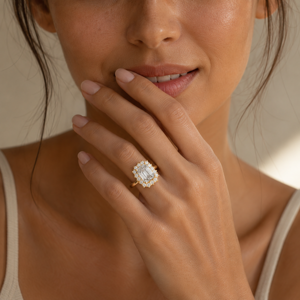 Emerald Cut Lab Grown Diamond Classic Halo Proposal Ring