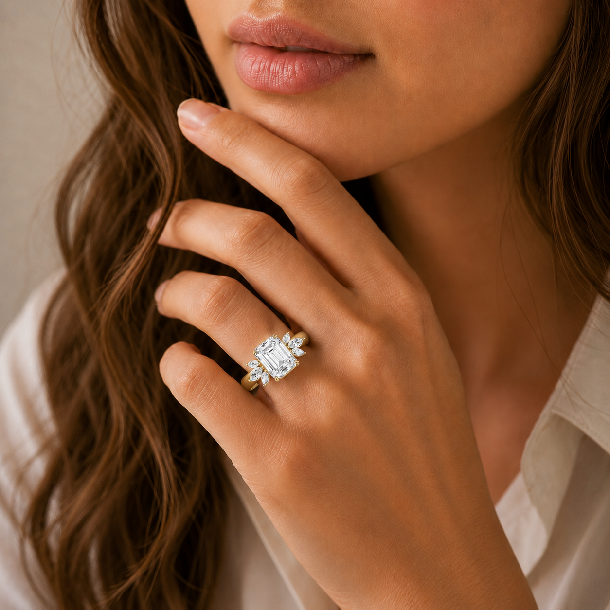 Emerald Cut Lab Grown Diamond Floral Accent Engagement Ring