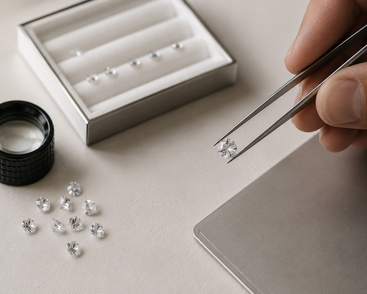 Diamonds being held with tweezers on a light surface with a jewelry box and magnifying glass.