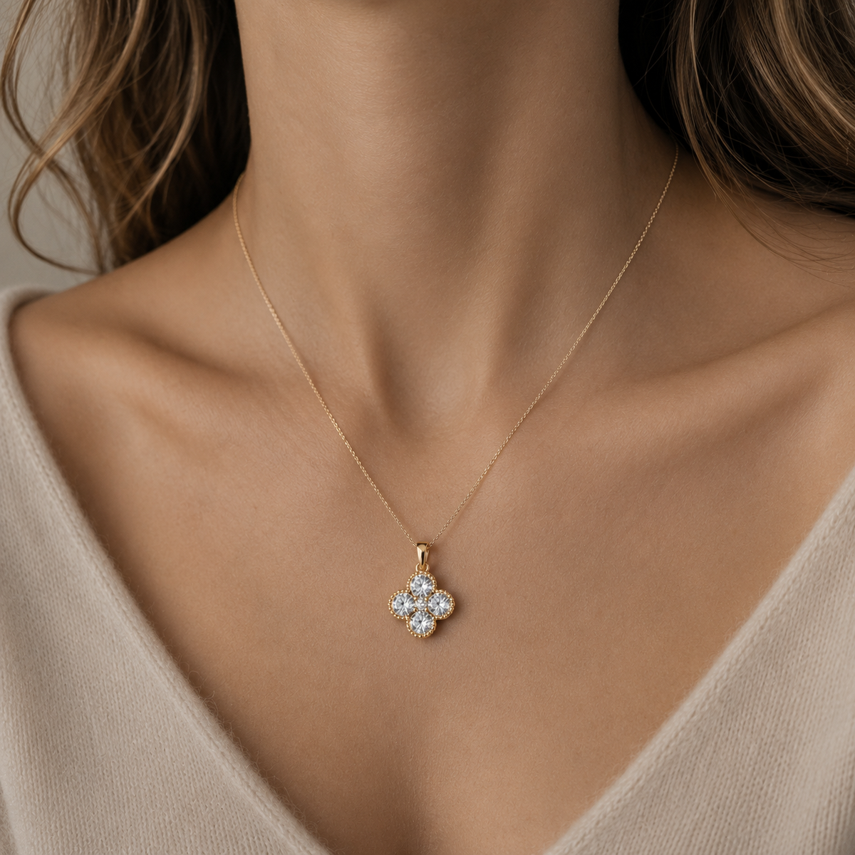 Round Lab Grown Diamond Clover Pendant Necklace