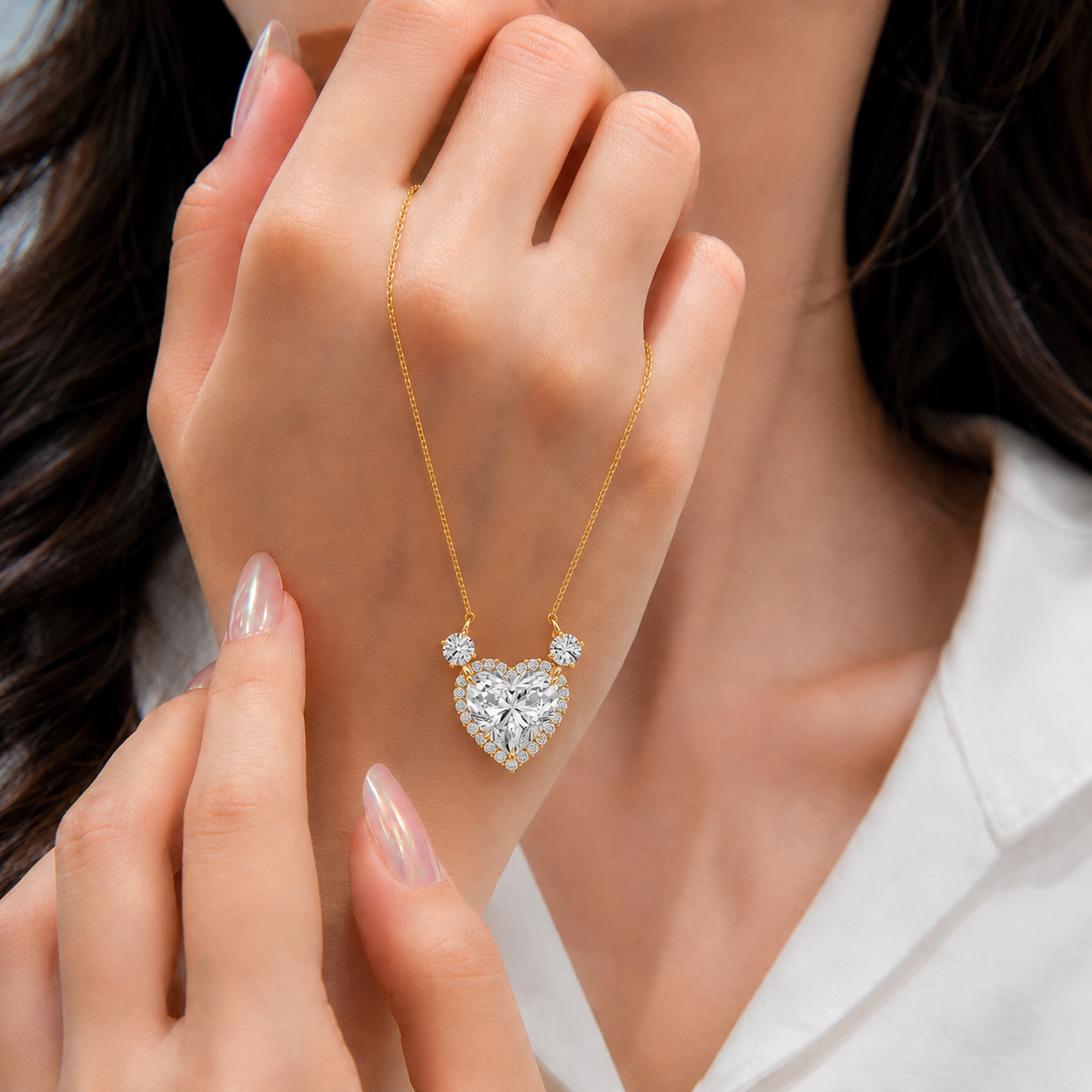 Heart Lab Grown Diamond Three Stone Pendant Necklace