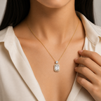 Emerald Cut Lab Grown Diamond Halo Drop Pendant Necklace