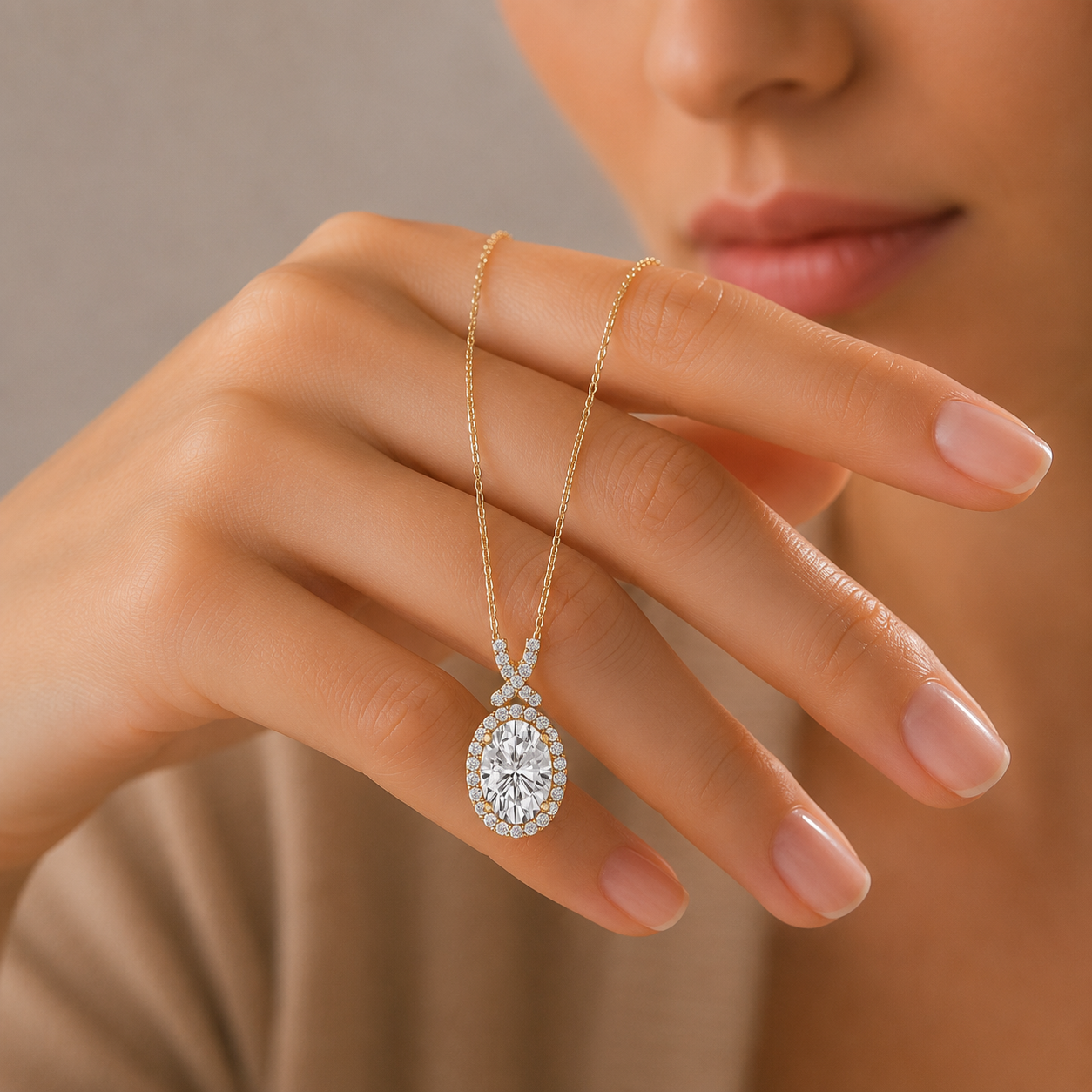 Oval Cut Lab Grown Diamond Infinity Halo Pendant Necklace
