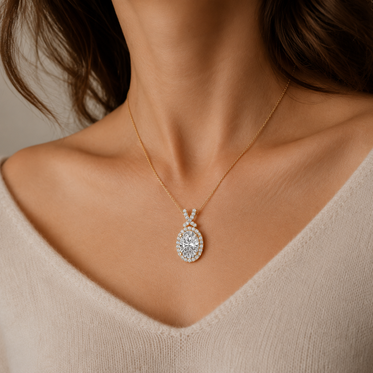 Oval Lab Grown Diamond Halo Pendant Necklace