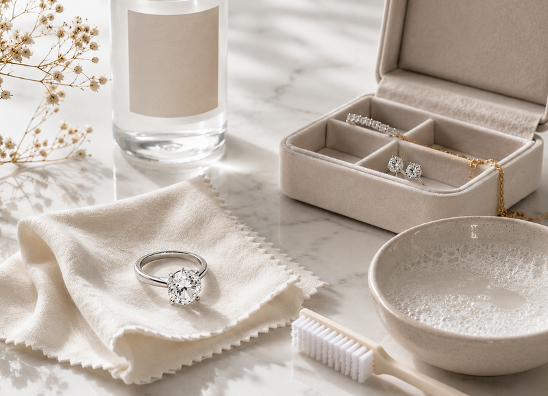 Jewelry set with ring, earrings, and necklace on a marble surface with a glass of water and small bowl.
