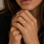 Close-up of a hand wearing a diamond ring with blurred background