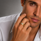 Man wearing a gold ring with a gray background