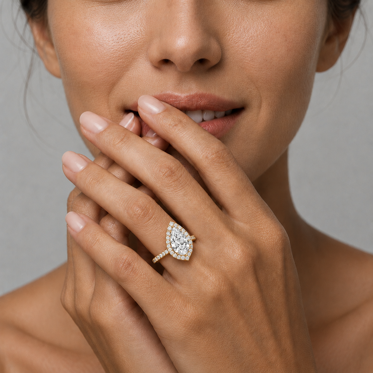 Pear Cut Lab Diamond Halo Engagement Ring Pave Band