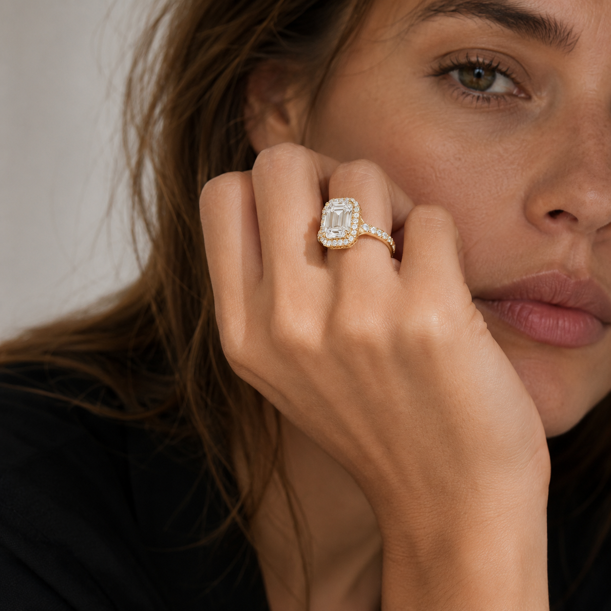 Emerald Cut Lab Diamond Halo Split Shank Ring