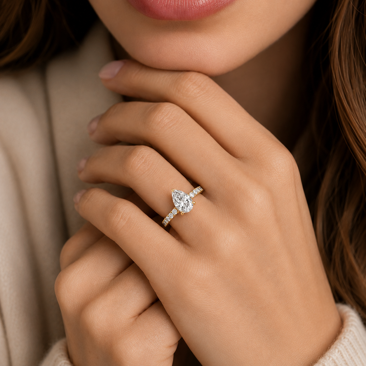 Pear Cut Lab Diamond Pave Band Solitaire Ring