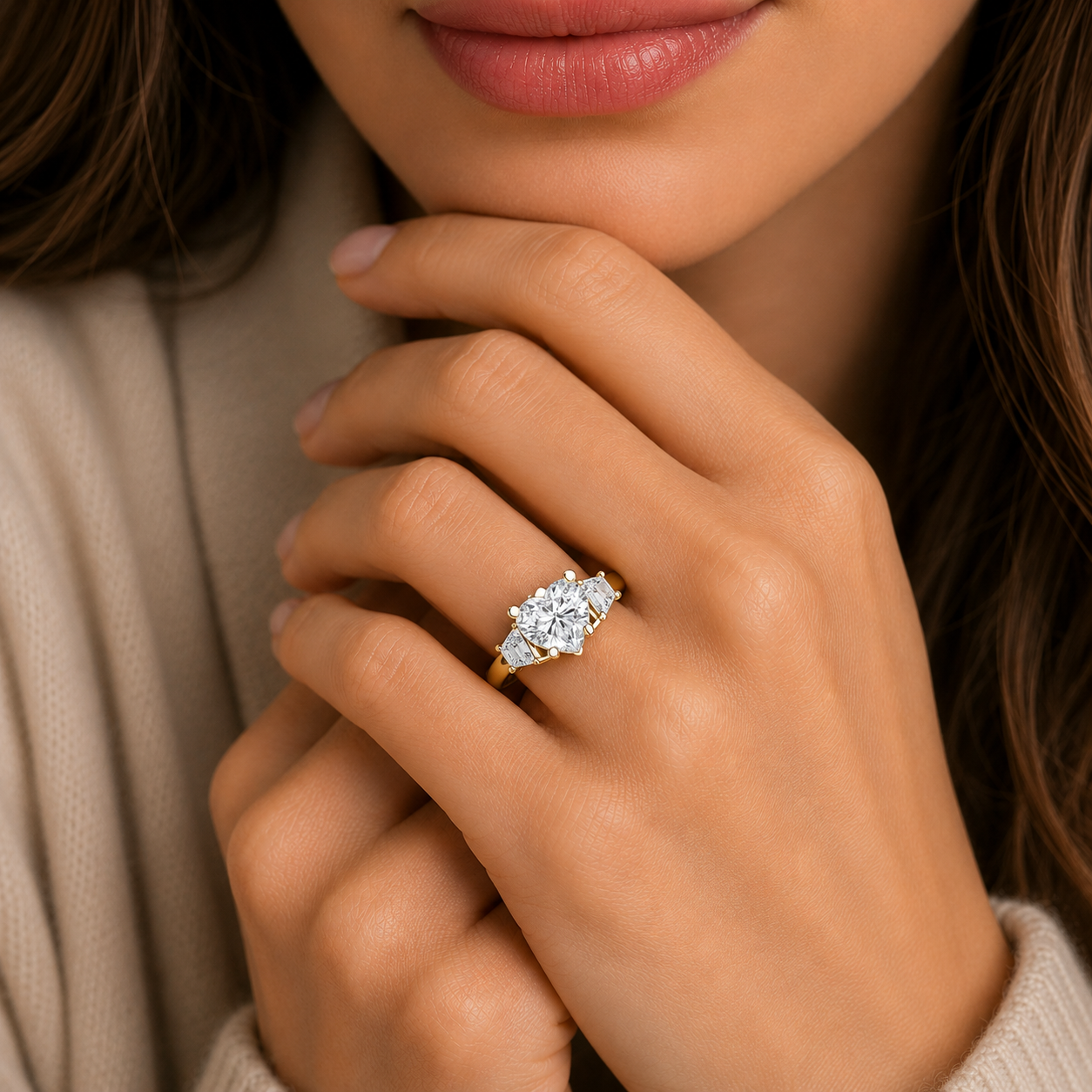 Heart Cut Lab Diamond Three Stone Engagement Ring
