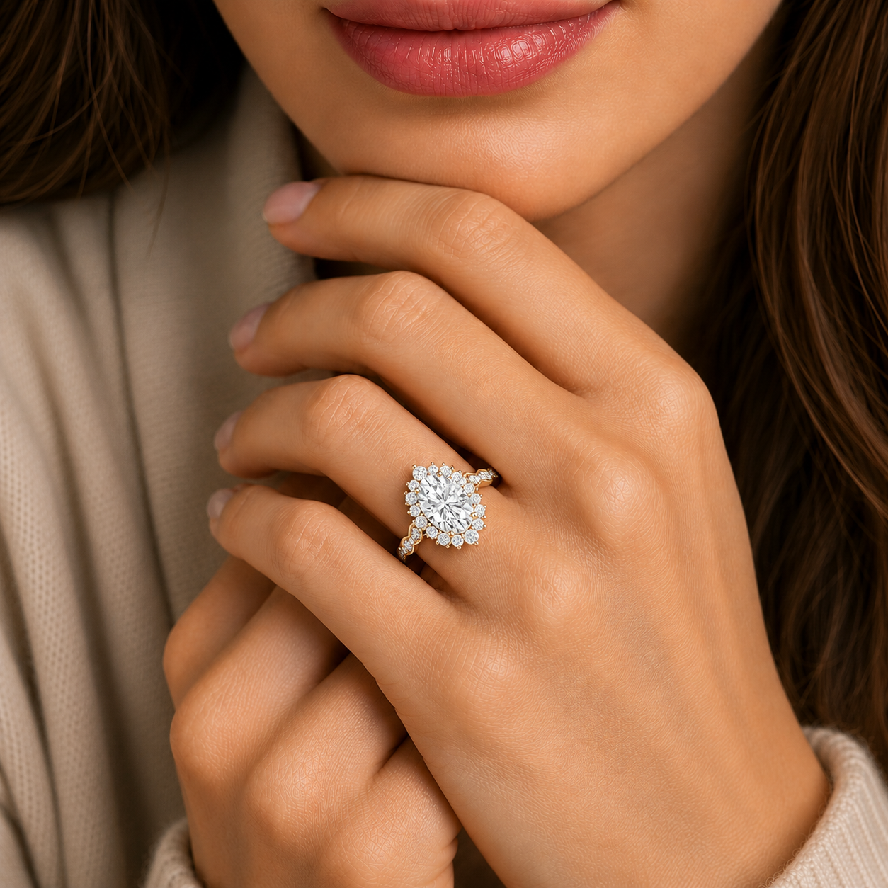 Oval Cut Lab Diamond Floral Halo Engagement Ring