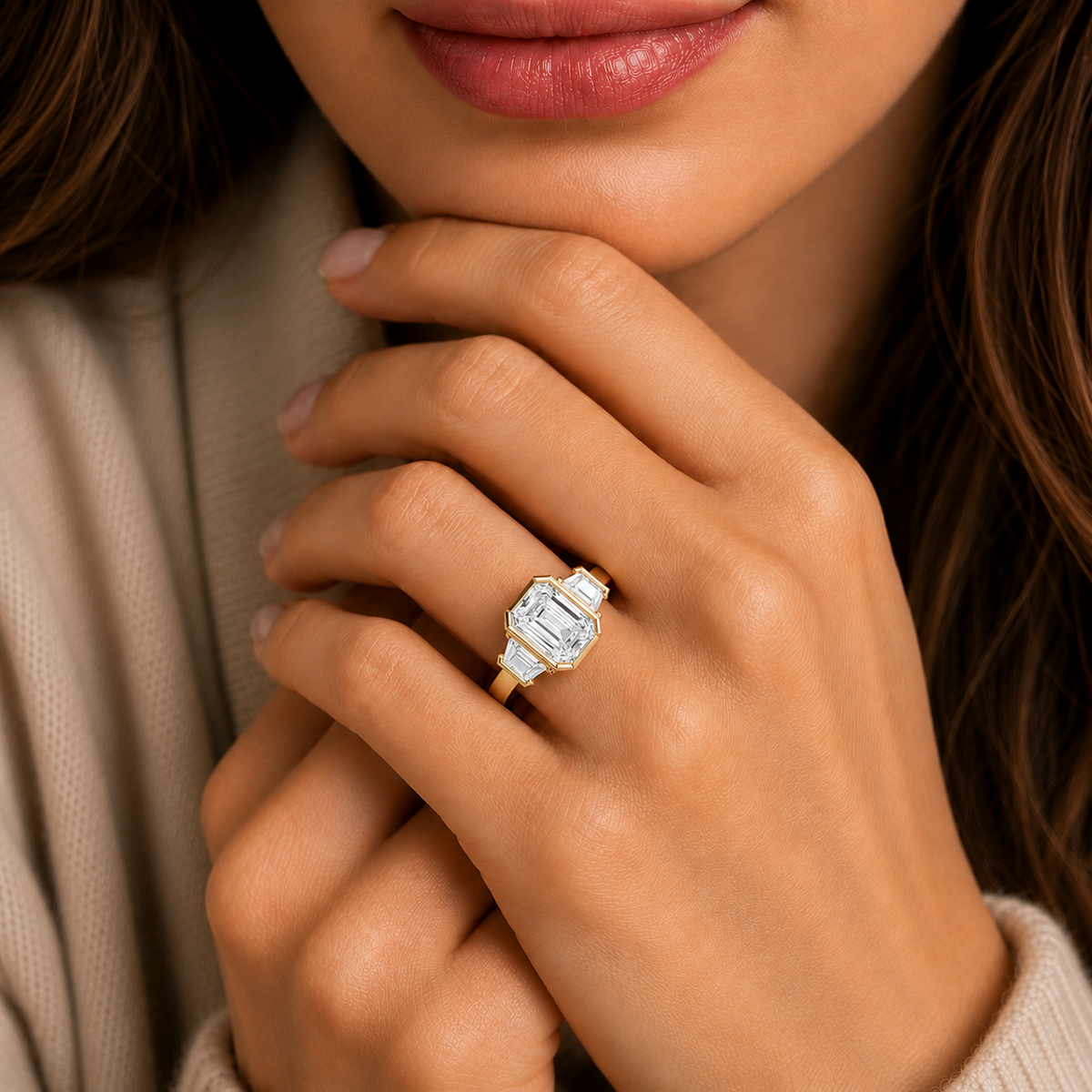 Emerald Cut Lab Diamond Three Stone Engagement Ring