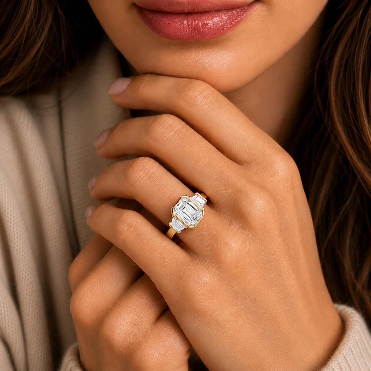 Emerald Cut Lab Diamond Three Stone Engagement Ring
