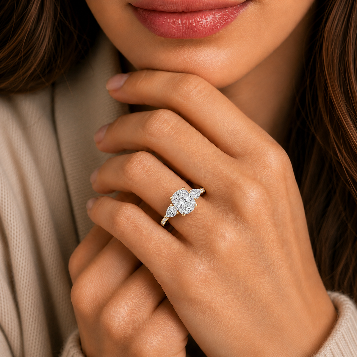 Cushion Cut Lab Diamond Three Stone Pear Ring
