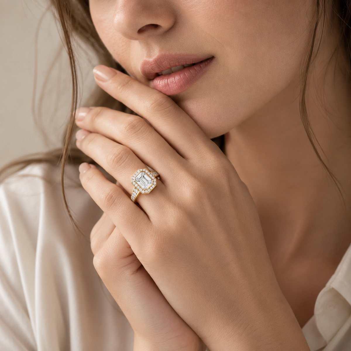 Emerald Cut Lab Diamond Halo Engagement Ring