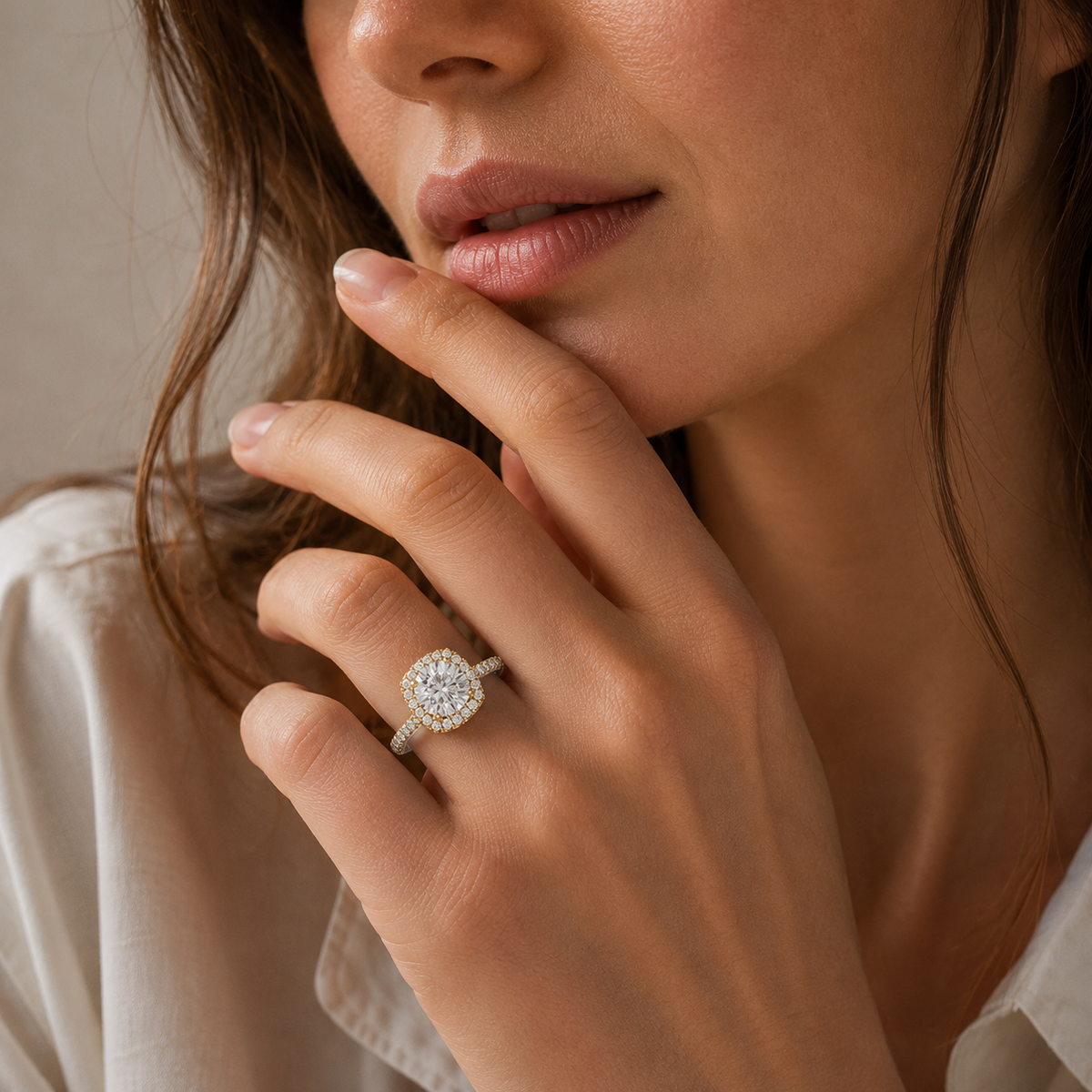 Round Cut Lab Grown Diamond Cushion Halo Ring