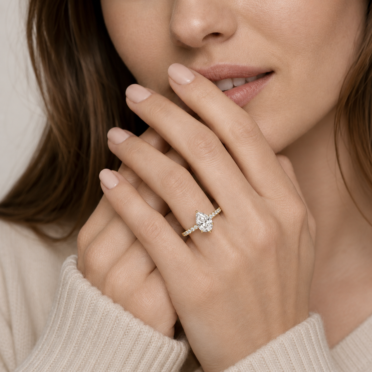 Pear Cut Lab Grown Diamond Hidden Halo Engagement Ring