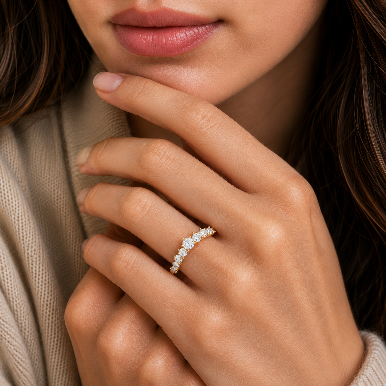 Graduated Round Cut Lab Grown Diamond Curved Wedding Band