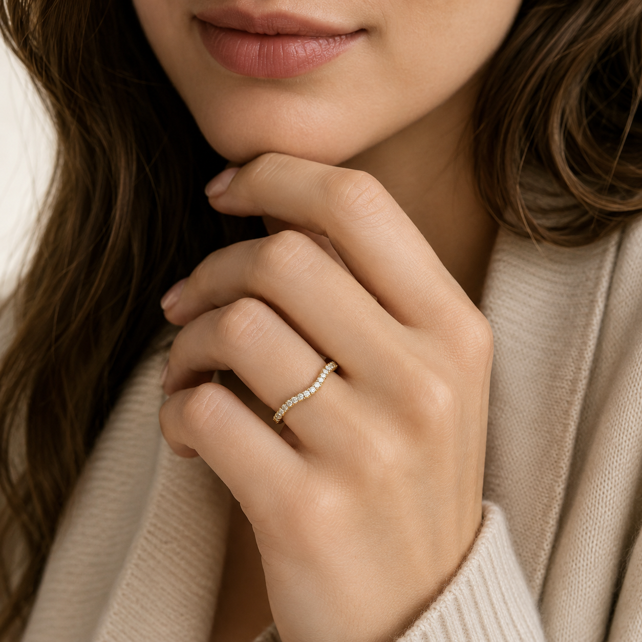 Round Cut Lab Grown Diamond Curved Pave Wedding Band