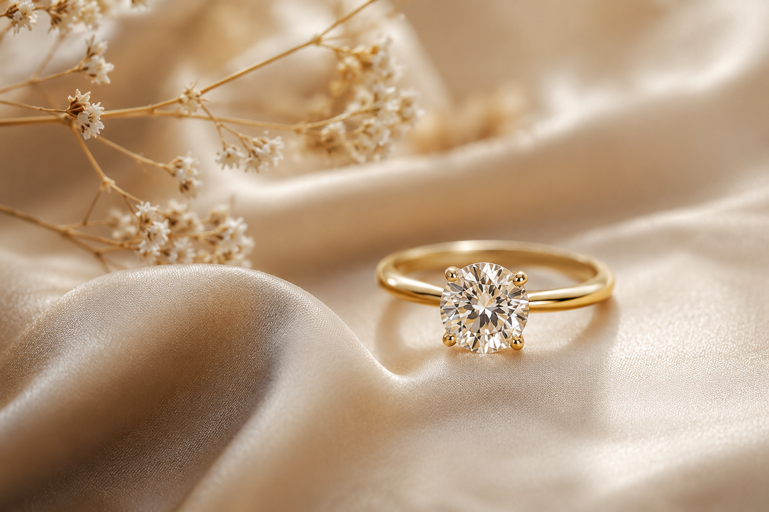 Gold ring with a diamond on beige fabric with dried flowers