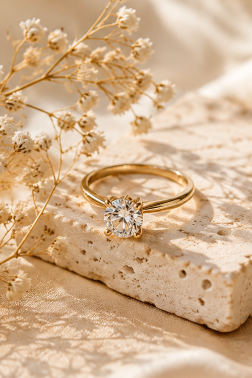 Gold ring with diamond on a stone surface next to dried flowers, with text on the right about sharing inspiration for custom jewelry design.