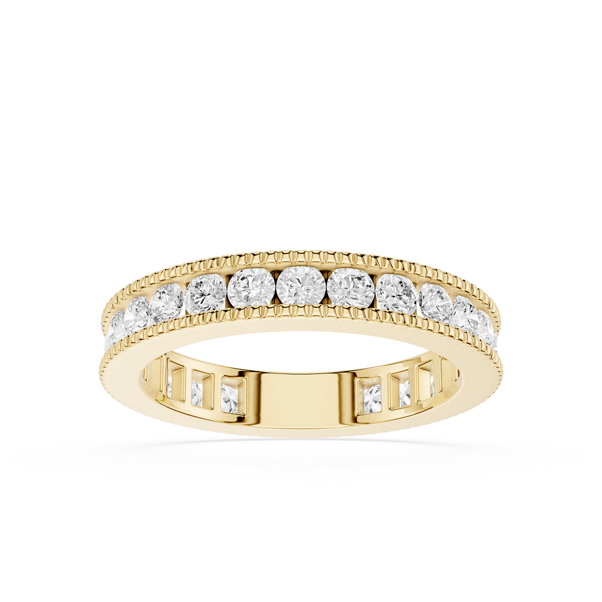 Round lab grown diamond wedding band with channel setting in yellow gold
