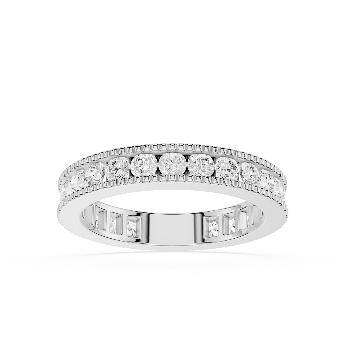 Round lab grown diamond wedding ring with secure channel set stones