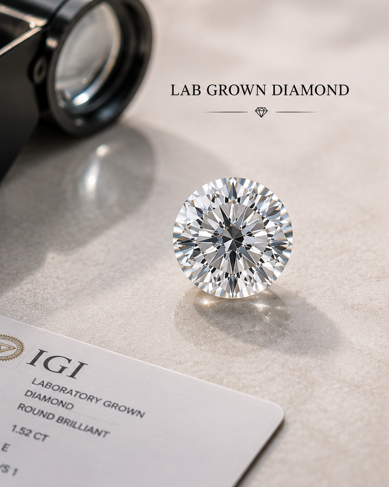 Two diamonds, one lab-grown and one natural, on a light surface with certification cards.