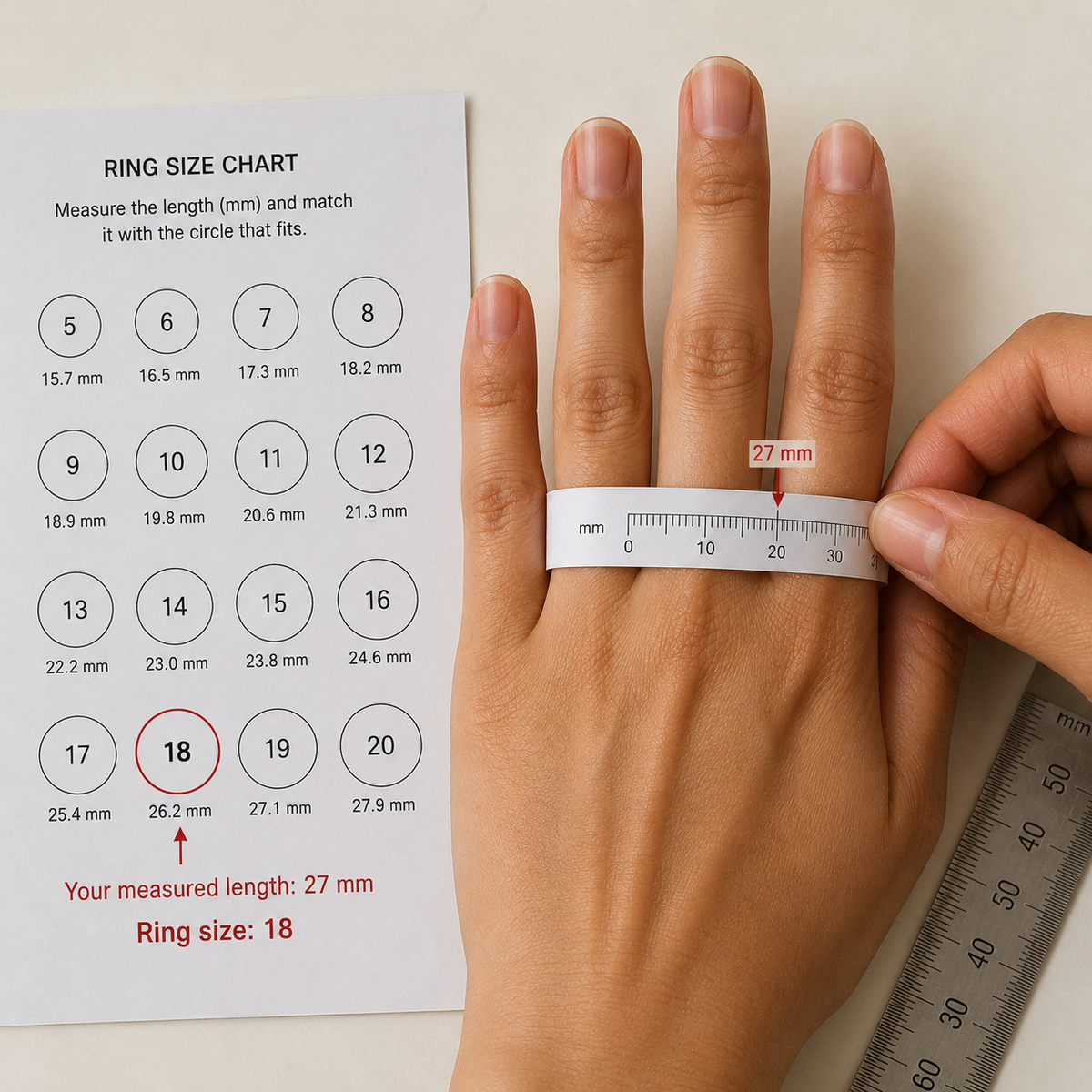 Match the measurement with the ring size chart