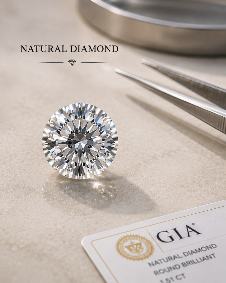 Two diamonds, one lab-grown and one natural, on a light surface with certification cards.