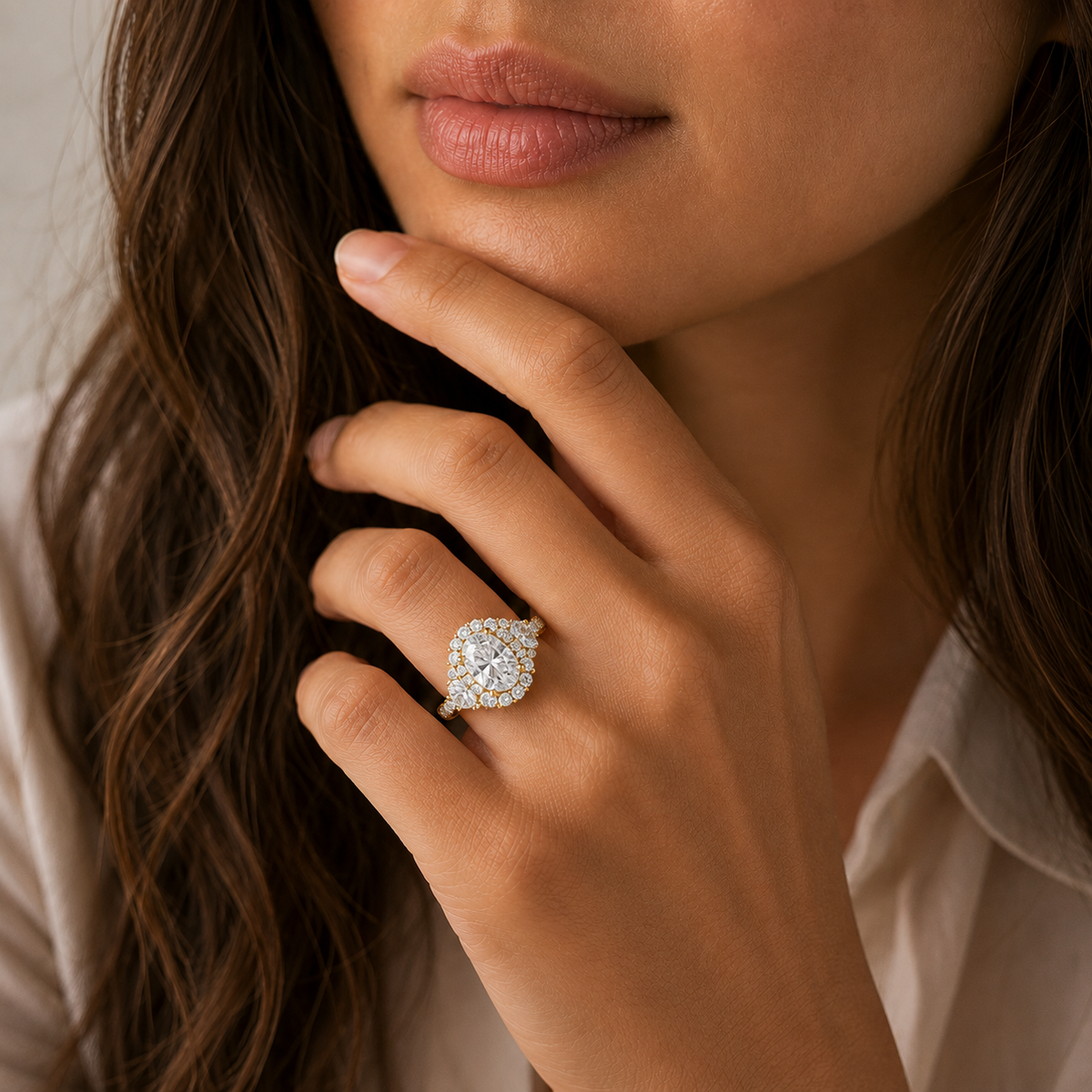 Oval Cut Lab Grown Diamond Floral Halo Engagement Ring
