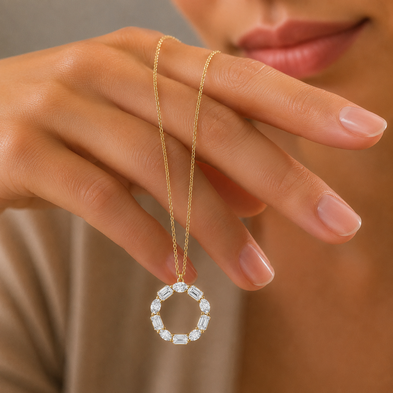 Oval And Emerald Mixed Cut Lab Grown Diamond Circle Pendant