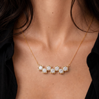 A close-up of a model's neck and chest wearing a delicate gold necklace with five small floral clusters of clear stones set in a row.