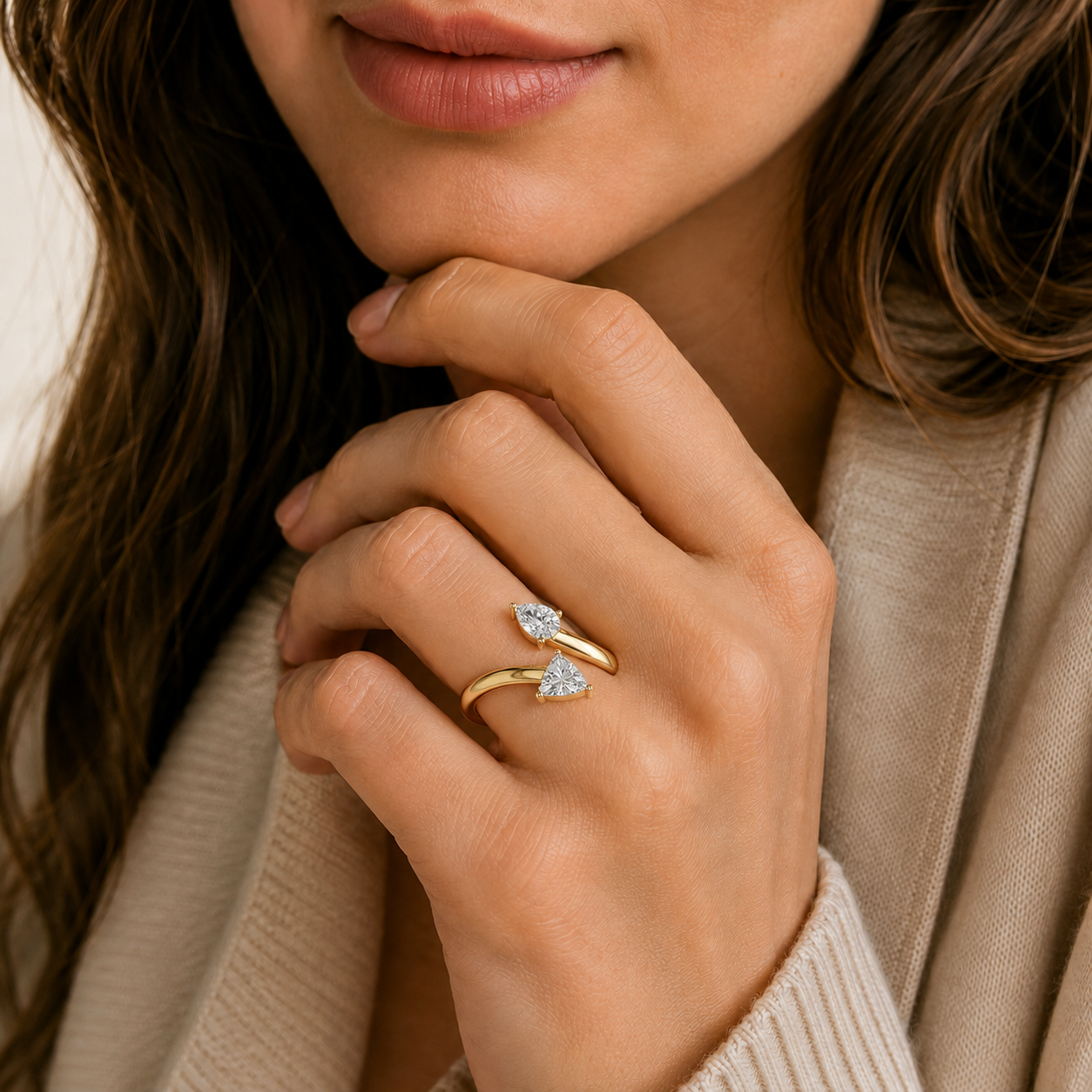 Pear And Trillion Lab Grown Diamond Open Toi et Moi Ring
