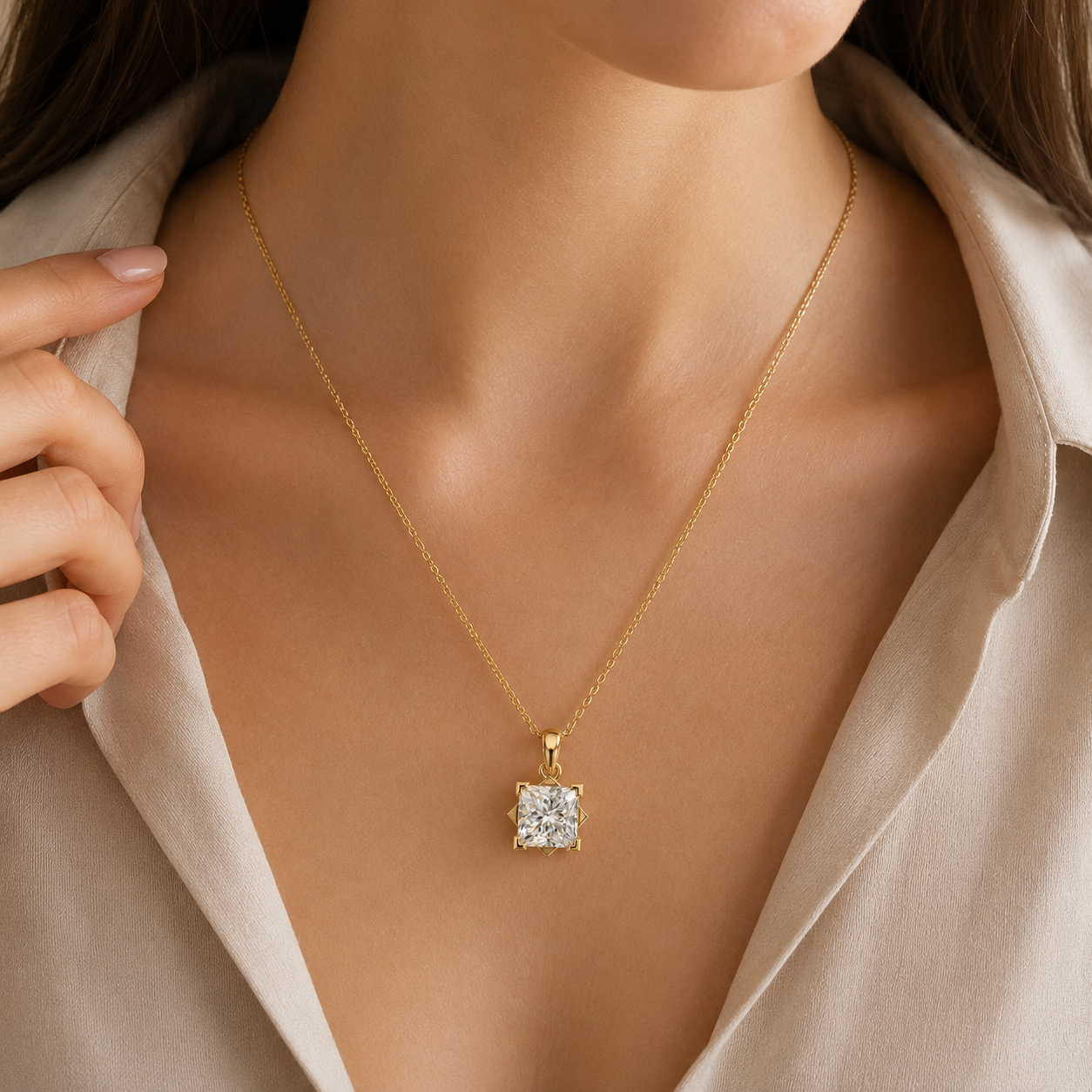 Princess Cut Lab Grown Diamond Compass Pendant Necklace