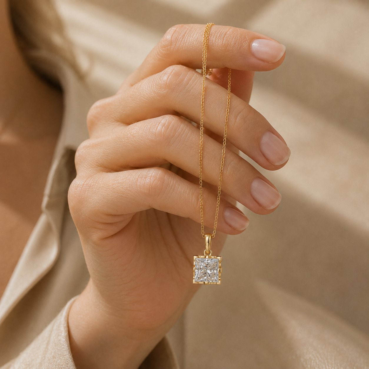 Princess Cut Lab Grown Diamond Basket Pendant Necklace