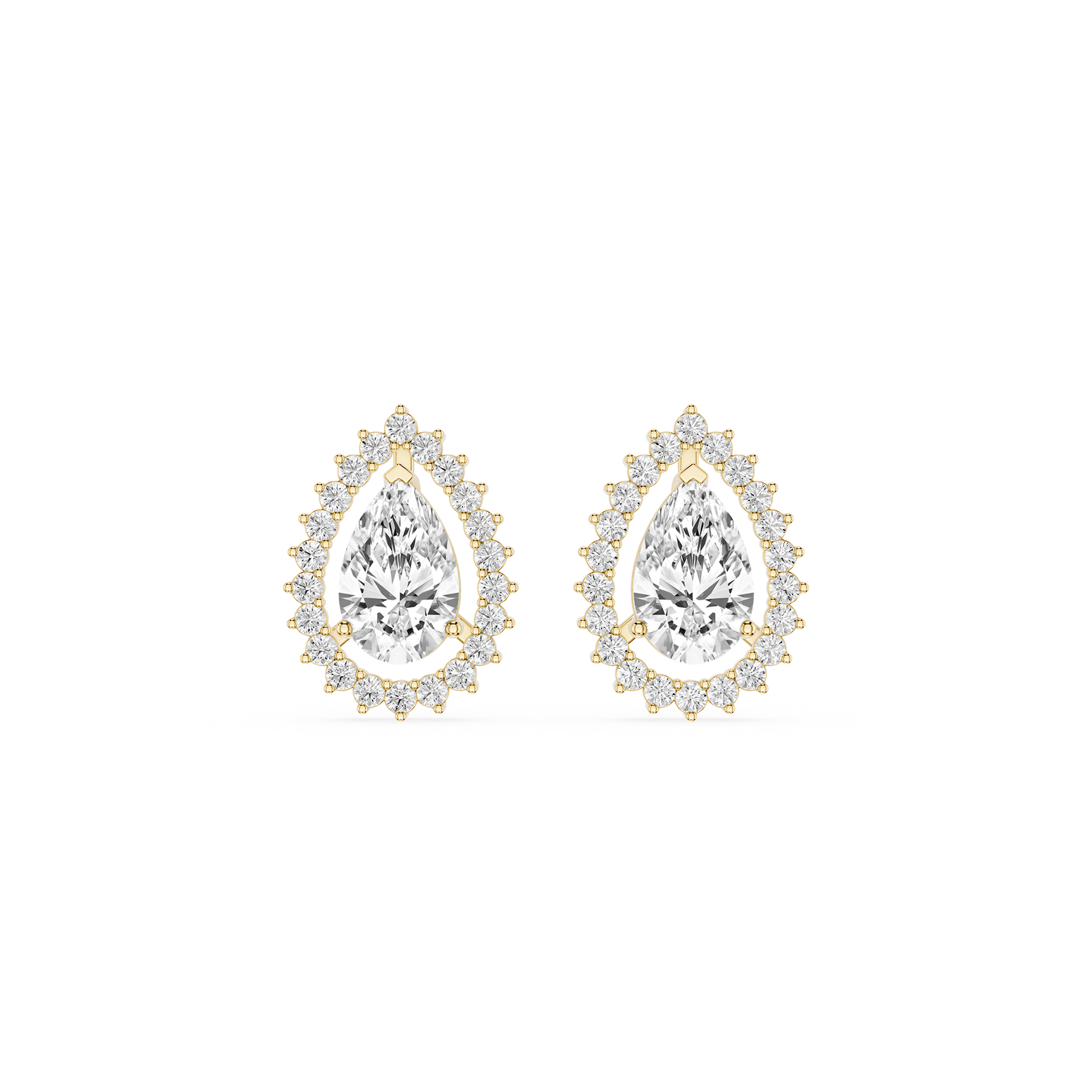 Pair of pear-shaped diamond earrings with gold accents on a white background