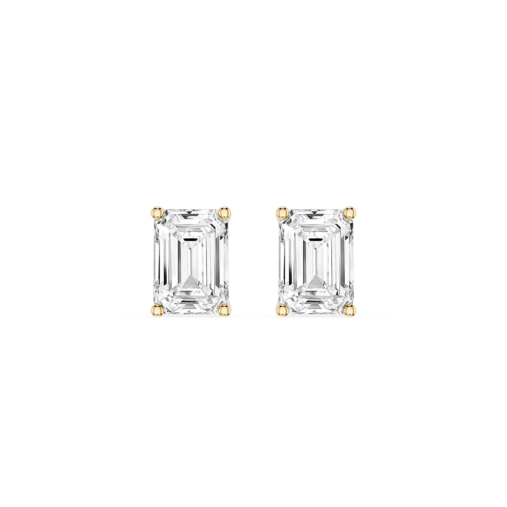 Pair of emerald-cut diamond stud earrings on a white background