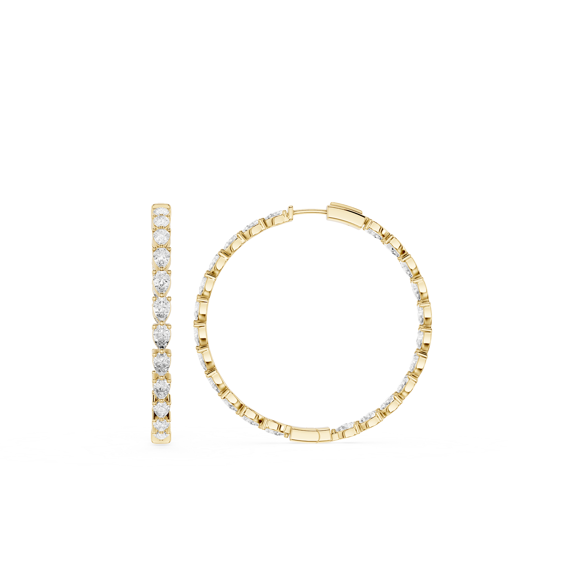 Gold hoop earrings with embedded diamonds on a white background