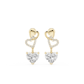 Heart-shaped earrings with gold and clear gemstones on a white background